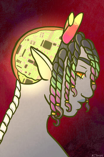 A horned man with twists hairstyle and a half exposed head that shows a cybernetic brain inside.