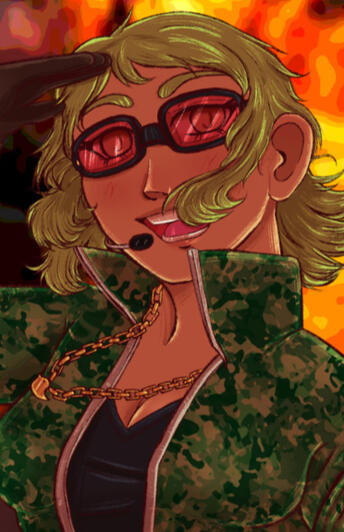 Gumi Megpoid in military fatigues with an explosion in the background