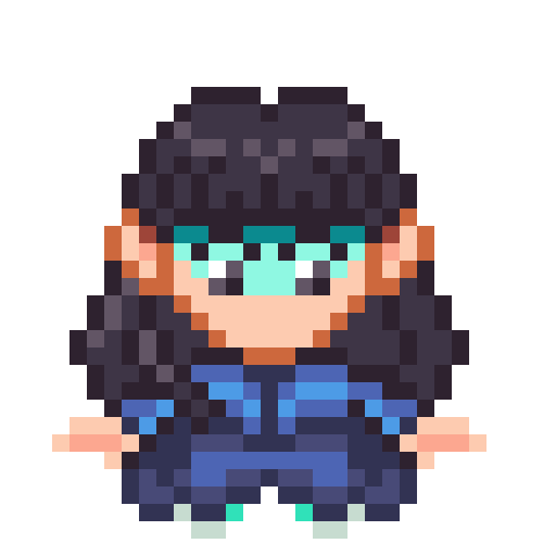 A girl with blue makeup covering her upper half of her face. She wears a deep blue outfit, and has dark brown-black hair.